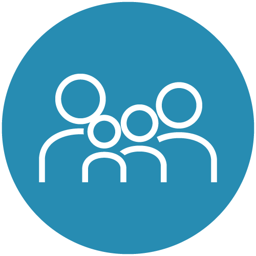 White line icon of family in a blue circle representing family dentistry services.