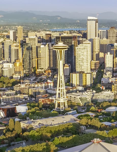 Aerial shot of downtown Seattle, WA with the Space Needle in the center.